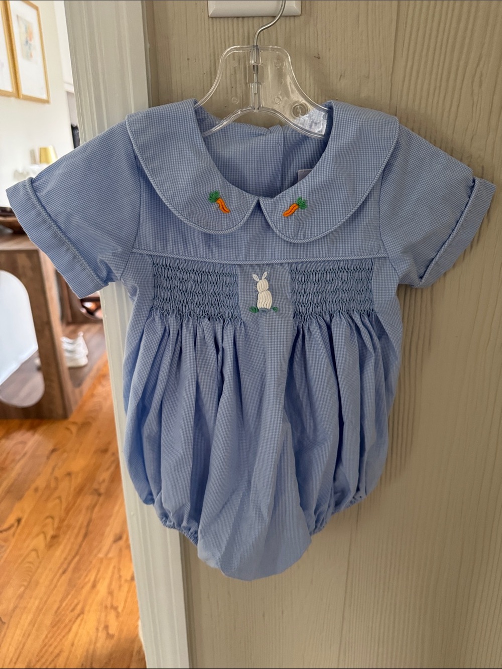 Stitchy Fish Blue Smocked Bunny Bubble Romper with Peter Pan Collar